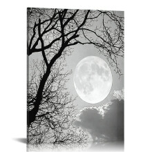 Black and White Full Moon Picture Wall Decor Nature Forest Landscape Wall Art Night Scenery Art Print 16x20 in