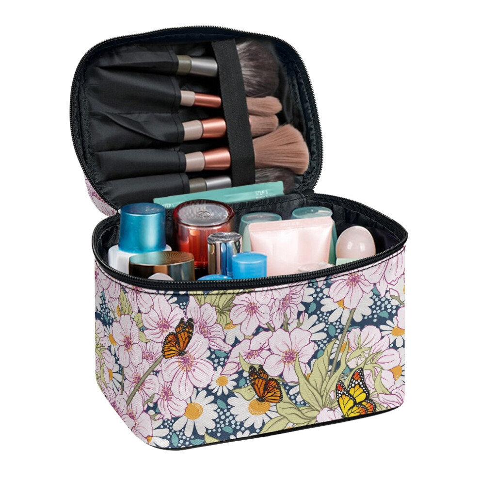 8.86 x 6.5 x 5.9 Inches Fold Flat Travel Cosmetic Makeup Bag Home Travel Makeup Bag with Brush Compartment Butterfly and Floral Pattern