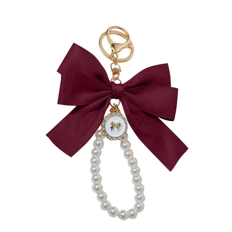 Coquette Bow Keychain with Simulated Pearl Ribbon Charm Red