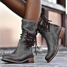 Willtoo Women's Vintage Rivet Mid-Calf Cowboy Boots, Non-slip Side Lace Up, Anti-Slip Platform Low Heel Riding Boots for Winter – Gray
