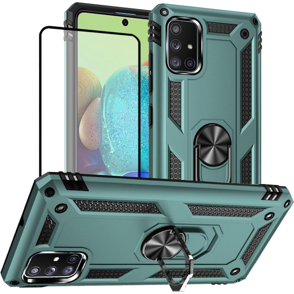 Compatible With Samsung A71 5G Case + Screen Protector, Military-Grade Protective Case With Ring (Dark ) Green 9180333250448