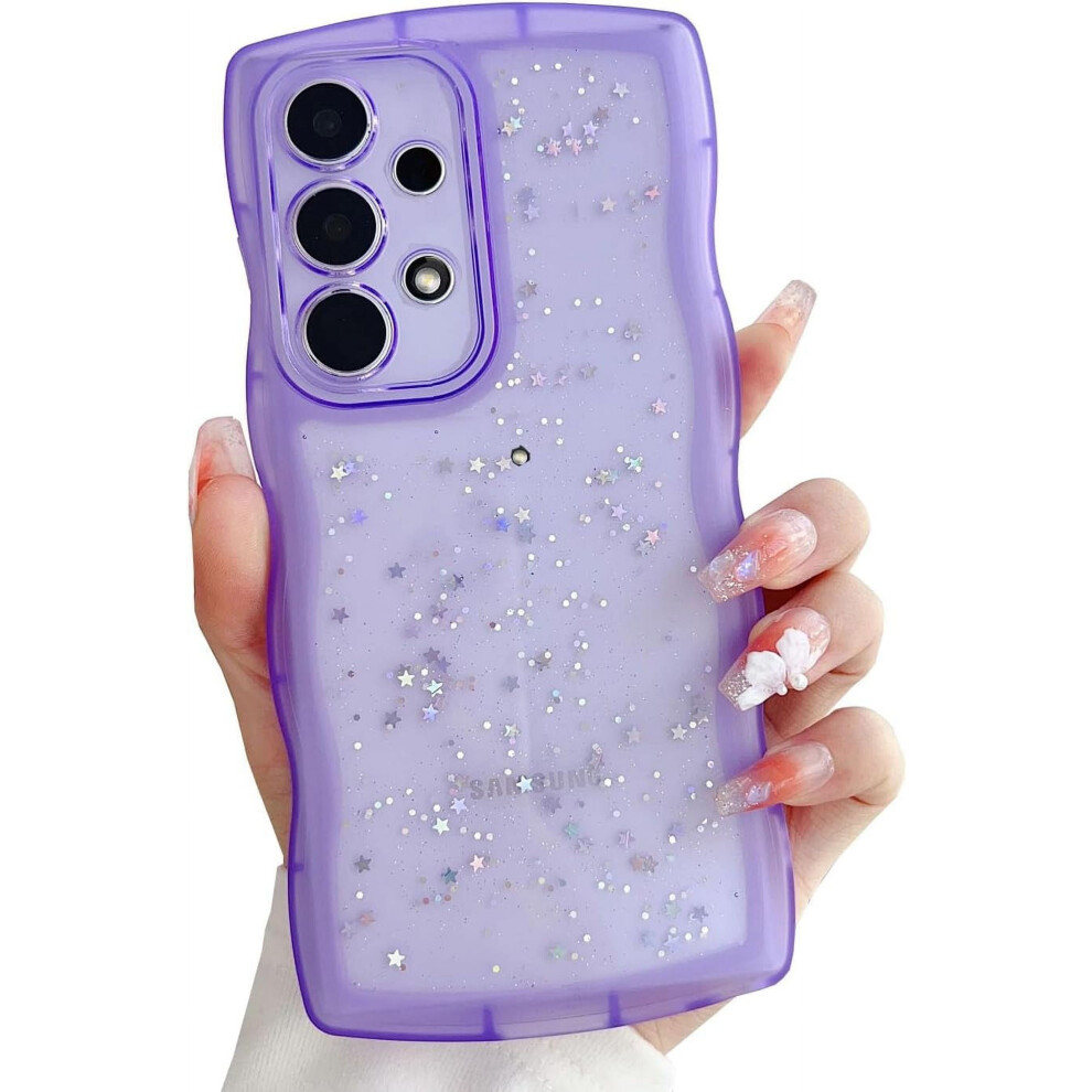 Compatible With Galaxy A52 5G: Glitter Bling Case With Curly Wave Frame, Shockproof Silicone Cover & Lens Protector Purple 9180333251162