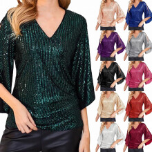 Damblus med paljett, 3/4-ärm, v-ringning, glittrande kvällsfest, elegant topp