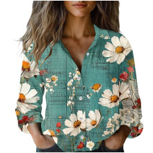 Camisas de manga larga para mujer, estilo vintage boho retro, con estampado floral, tops holgados y ligeros con cuello en V y botones.