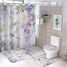 Purple Floral Dragonfly Shower Curtain Set (4pcs) with Rug, Toilet Cover & U-Shaped Mat – Waterproof, Durable Bathtub Decor