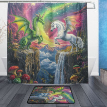 Bathroom Sets Curtain and Rug Sets 23.6x15.7 in Non-Slip Mat and 72x72 in Shower Curtain for Home Bath Dcor Green Dragon and White Unicorn