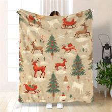 Cozy Quilted Flannel Throw Blanket - Winter Reindeer Snowflakes Trees All-Season Warm Bedspread Couch Cover Travel Blanket