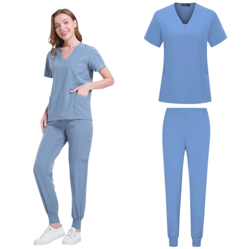 Women's Solid Blue Scrubs Set V-Neck Top and Ankle-Cuff 2