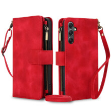 RFID-Blocking Crossbody Case for Samsung Galaxy A16 5G – PU Leather Wallet with Zipper Pocket, Magnetic Snap & Shoulder Strap, Red