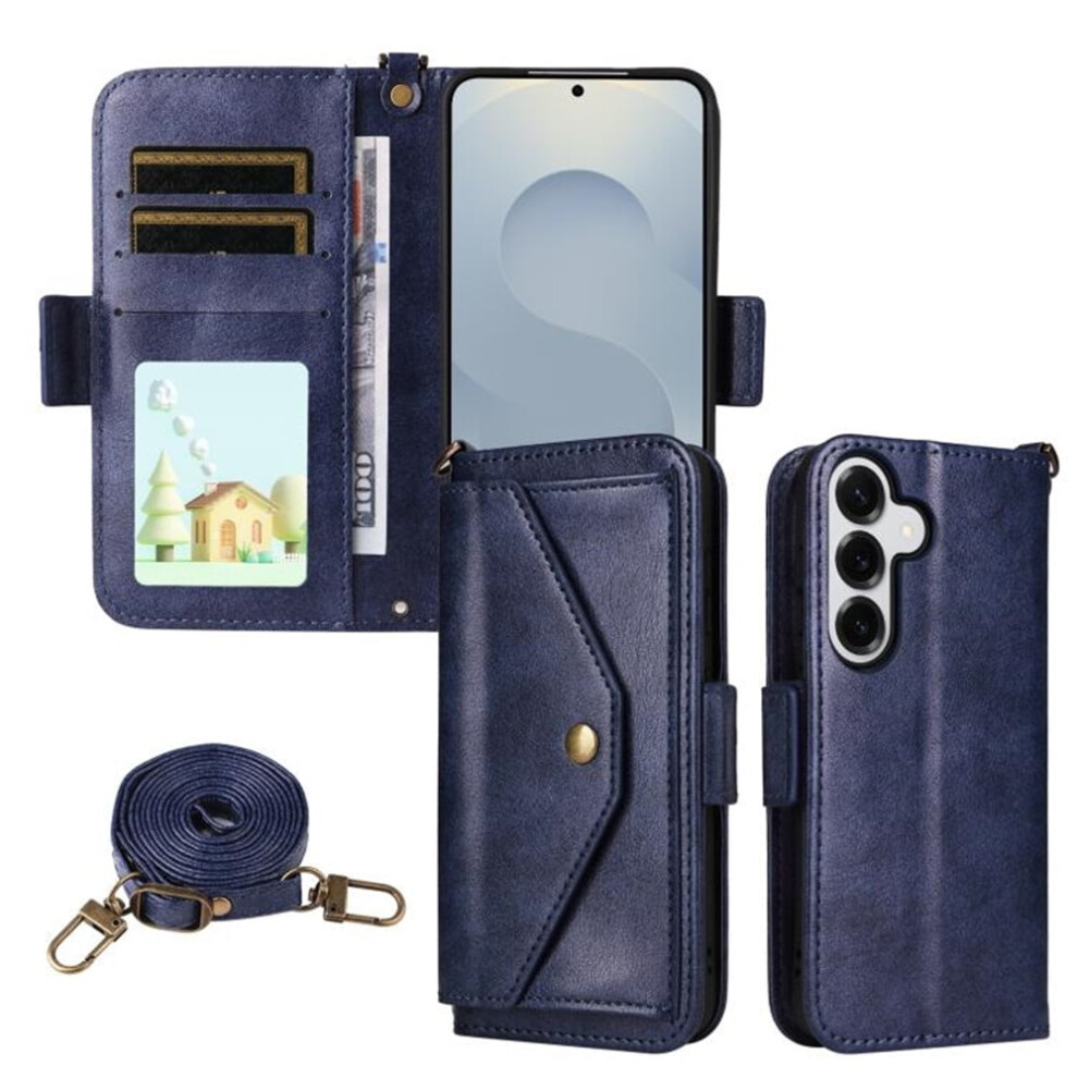 Vintage Leather Wallet Case For Samsung Galaxy S24 5G / S25 5GâMulti-Card Slots, Hidden Button Pocket, Detachable Strap, Shockproof, Blue 9336866715750