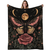 Gothic Moth Moon Rose Flannel Blanket (280GSM), Dark Navy, Soft Warm Throw, Machine Washable, Gothic Home Decor, Halloween/Christmas Gift
