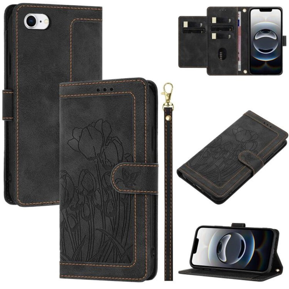 Leather Flip Wallet Case For Compatible With Iphone 16E Â Tulip Embossed, 5-Card Holder, Magnetic Closure, Detachable Wrist Strap, Shockproof, Black 9336866720174