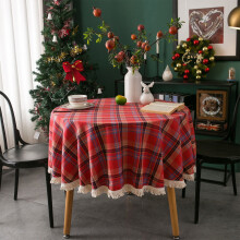 Round 50" Plaid Tablecloth with Tassels – Cotton Linen, Washable & Waterproof, Compatible with Christmas Holiday Decor