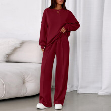 Women's Fall Casual 2-Piece Set Long Sleeve Hoodie & Wide Leg Pants Tracksuit Wine Red M