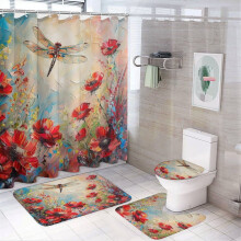 4-Pc Bathroom Set: Shower Curtain, Non-Slip Rug, Toilet Lid Cover & Bath Mat – Dragonfly & Daisy Flower Design, Waterproof, Compatible with Standard