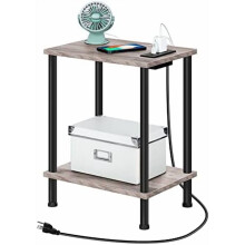 Side Table with Charging Station, USB/Outlet, 2-Tier Storage, Greige & Black – Compatible with BG09UBZ01