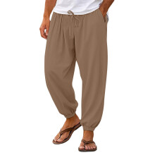 Men's Relaxed Fit Stretch Trousers - Drawstring Waist Cuffed Legs Casual Pants - Light Brown - Size XXL