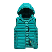 Men's Casual Trendy Rib Pattern Sleeveless Cotton Vest - Hooded Solid Color Slim-fit Cotton-padded Jacket, Turquoise, Size L