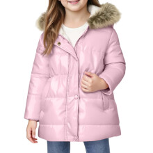Girls Hooded Puffer Coat with Faux Fur Trimmed Hood Full Zip Front Snap Closure and Quilted Design Winter Outerwear Jacket Style #B047 Pink 140