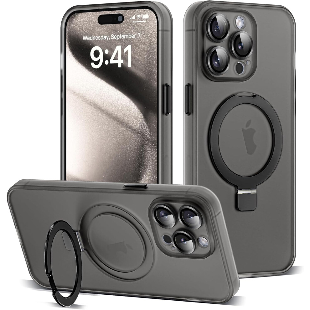Magnetic Invisible Ring Stand Case For Iphone 15 Pro Max 6.7", Magsafe-Compatible, Military-Grade Translucent, Full Lens Protection, Black 9178400150678