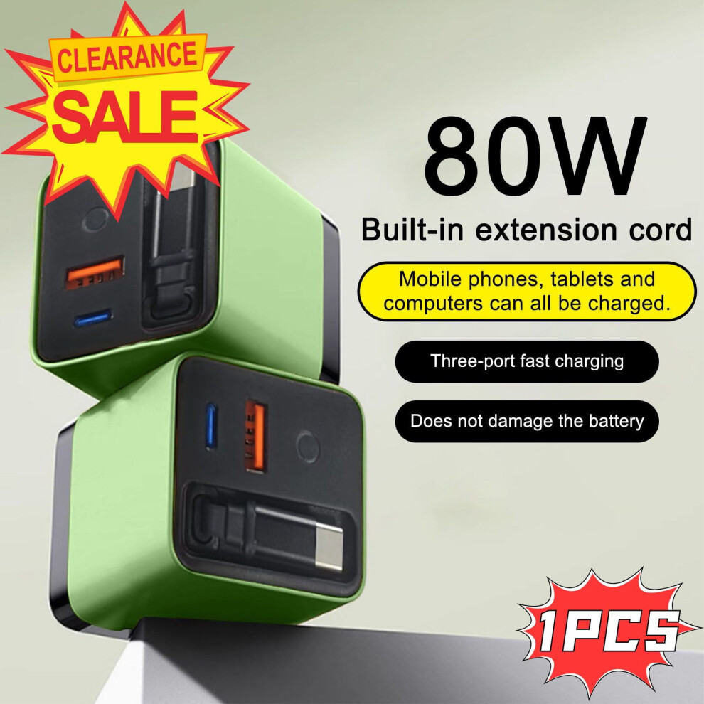 3-In-1 80W Fast Charger With Usb-C & 2 Usb Ports, Retractable Cable Â Compatible With Phones & Laptops 9178400147494