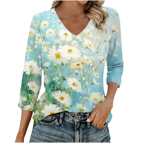 Top da donna a maniche a 3/4, camicie casual con scollo a V, magliette basic morbide, camicette da lavoro