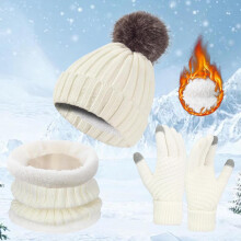 Women's Pom Pom Beanie Set with Fleece-Lined Hat, Knit Scarf & Gloves – Solid White 3-Piece Winter Ski Accessories Gift Set