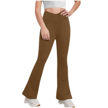 Girls Flare Yoga Leggings High Waisted Dance Activewear Kids Bell Bottoms Pants with Pockets Brown 11-12 Years