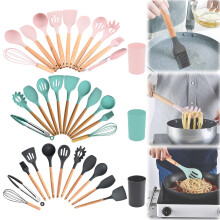 Niriyo 12-Pc Black Silicone Kitchen Utensil Set with Storage Cup – Non-Scratch, Heat-Resistant, Wooden Handles, Compatible with All Cookware