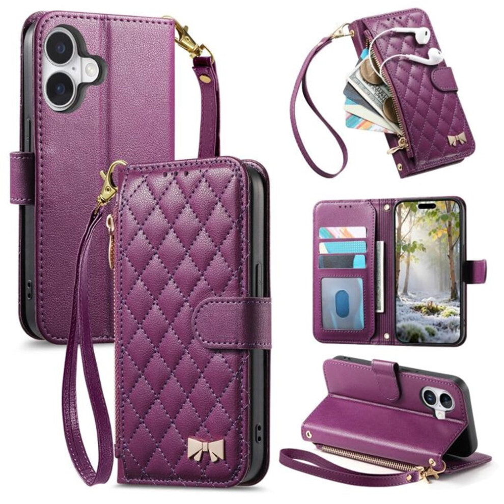 Pu Leather Bowknot Flip Case For Iphone 16 With Card Purple 9336866143263