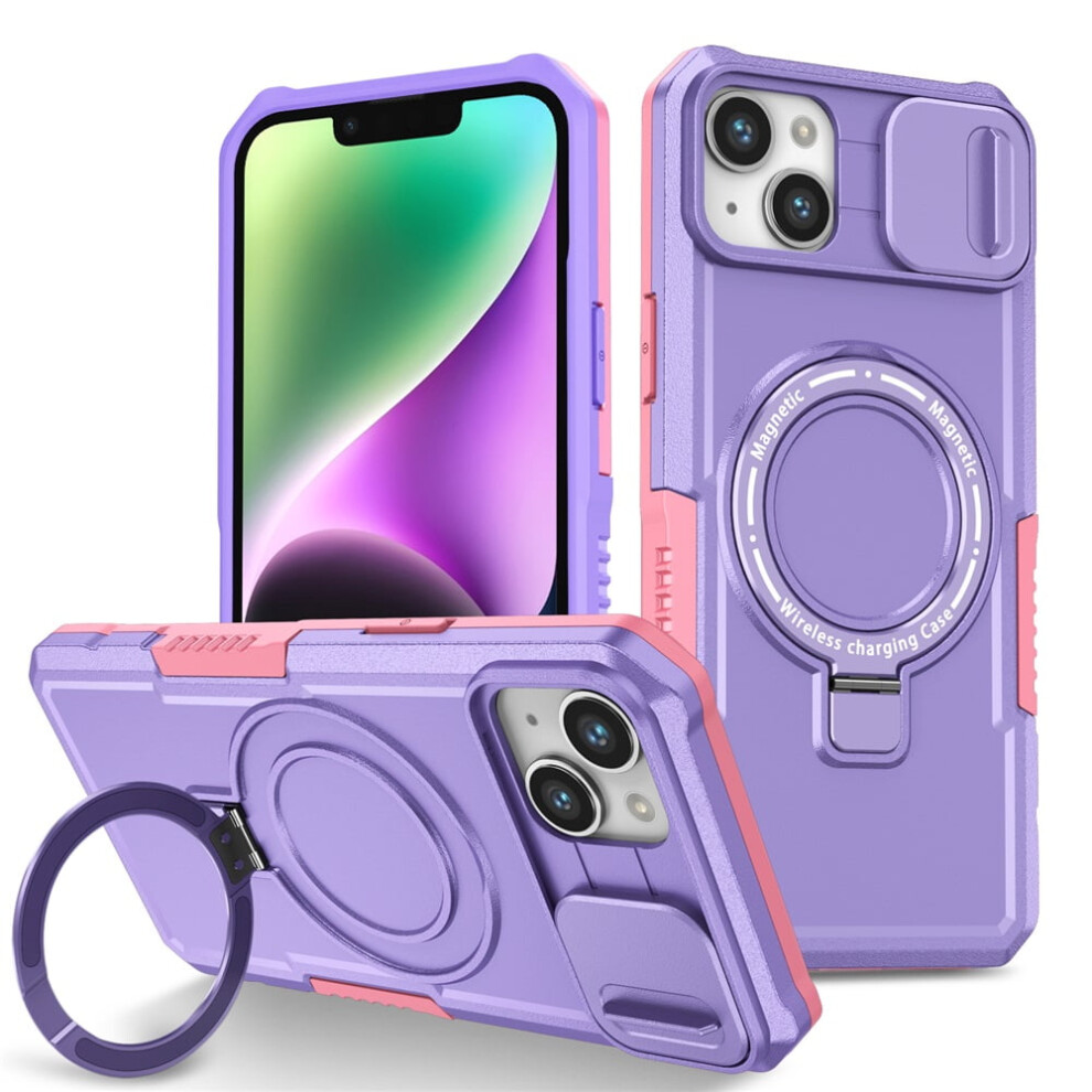 Iphone 14 Plus 6.7" Case: Sliding Camera Cover, Magsafe Compatible, Shockproof, Hidden Kickstand & Ring Holder Purple 9558633013276