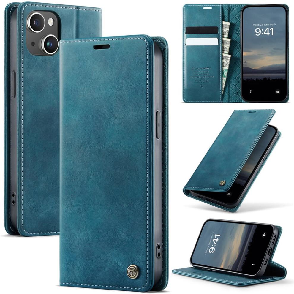 Caseme Calf Leather Wallet Case For Iphone 15 6.1-InchâRfid Blocking, Magnetic Closure, Card/Cash Slots, Kickstand, Shockproof, Blue 9485826599883