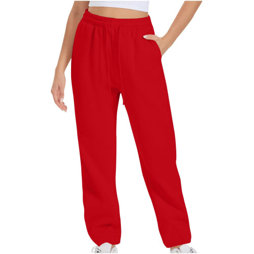 Meresysid Damen-Freizeithose mit elastischem Schnürverschluss, einfarbig, rot
