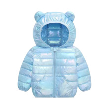 Kids Puffer Jacket with Hood and Bear Ear Design Lightweight Warm Outerwear for Boys and Girls Zip Closure Padded Coat Style #E070 Blue 80