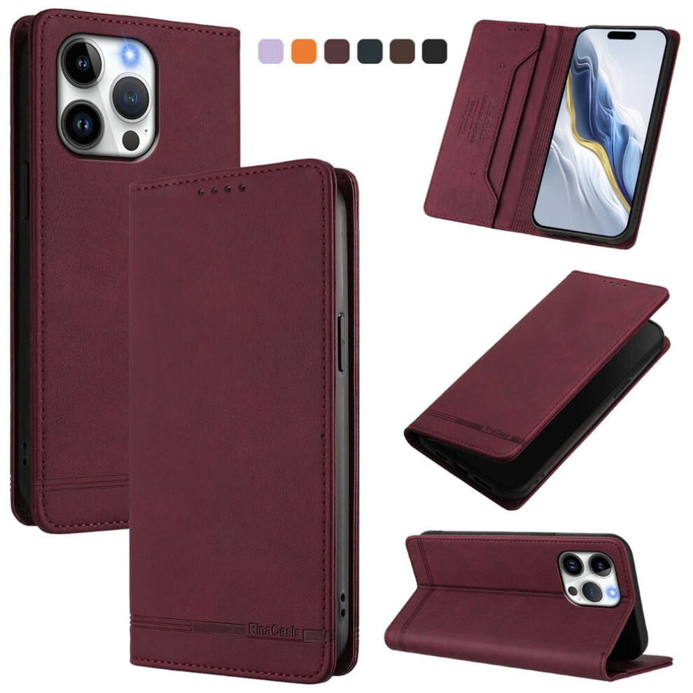 Magnetic Phone Case For Compatible With Iphone 16 Pro MaxâRfid Blocking, Card/Cash Slots, Kickstand, Shockproof Flip Folio, Red 9485826604181