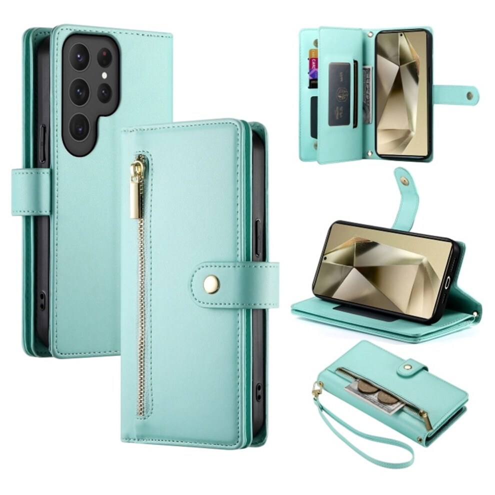Leather Wallet Case For Samsung Galaxy S24 Ultra 5G (6.8") Â Multi-Card Slots, Zipper Pocket, Lanyard Strap, Compatible With S24 Ultra Green 9193271803331