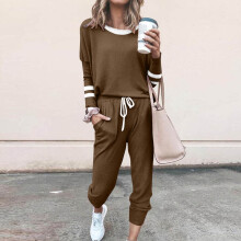 Women's Casual Loose Fit Striped Printed Two-Piece Set with Drawstring Elastic Waist Long Sleeve Top & Joggers Y2K Style