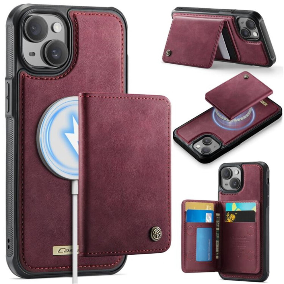 Rfid-Blocking Magsafe-Compatible 2-In-1 Pu Leather Wallet Case With Kickstand For Iphone 15 Â Wine Red 9193271804369