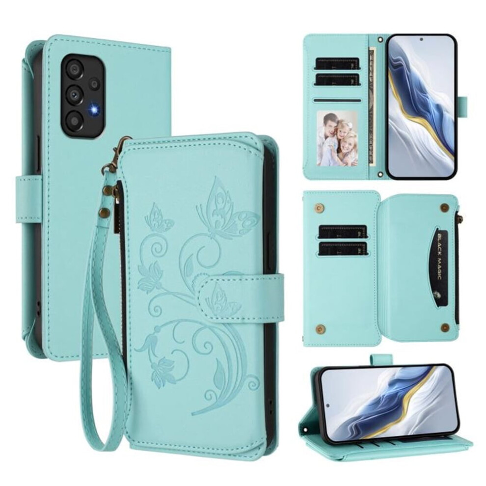 Magnetic Clasp Flip Stand Case For Compatible With Samsung Galaxy A33 5G Â Mint Lanyard, 5-Card Holder, Butterfly Flower Design Green 9418476662751