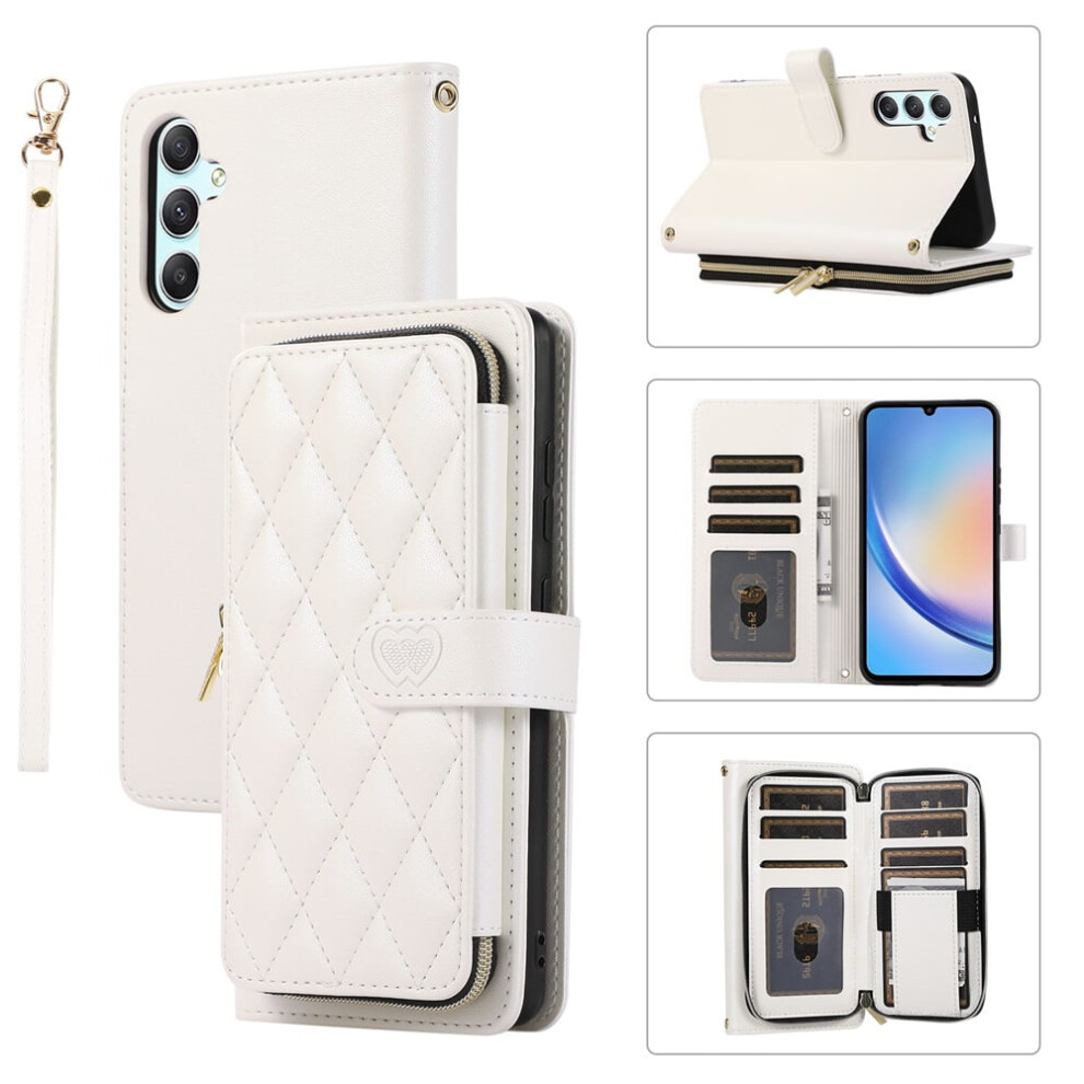 Wallet Case For Samsung Galaxy A34 5G (6.6"), With Wrist/Shoulder Strap, 9 Card Slots, Zipper Purse, Luxury Leather Stand, Checkered Design, White 9418476662188