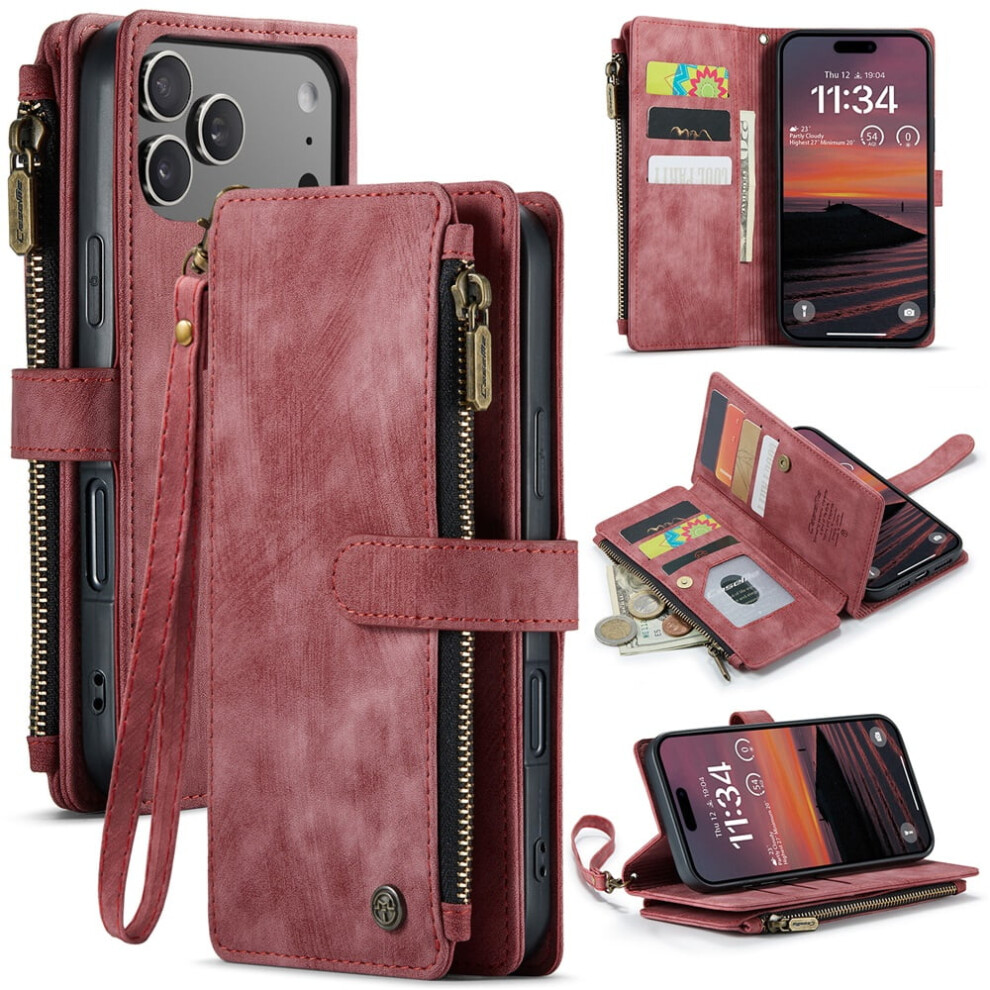 Caseme Wallet Case For Iphone 17 Pro Max Â Pu Leather Magnetic Flip, Lanyard Strap, Zipper Card Holder, 6.9", Red 9418476662409