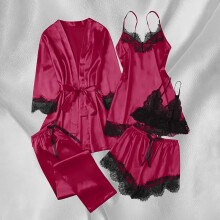 Women's Satin Pajama Set Long Sleeve 5-Piece Lightweight