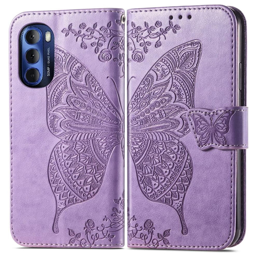 Compatible With Motorola Moto G Stylus 5G 2022 Â Butterfly Violet Leather Wallet Case With Kickstand, Magnetic Closure & Card Holder 9418476664304