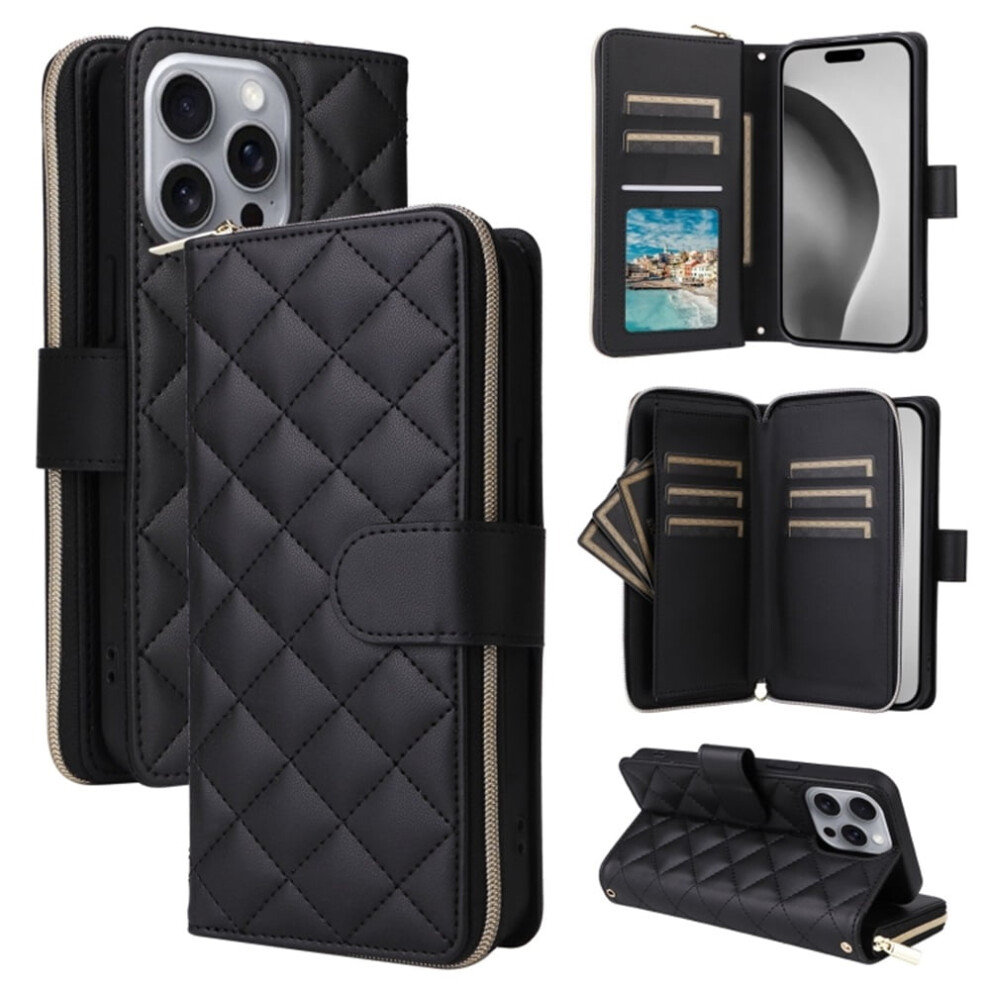 Magnetic Flip Wallet Case For Iphone 15 Pro Max: 9-Card Slots, Zipper Pocket, Detachable Shoulder & Wrist Straps, Black 9418476665394