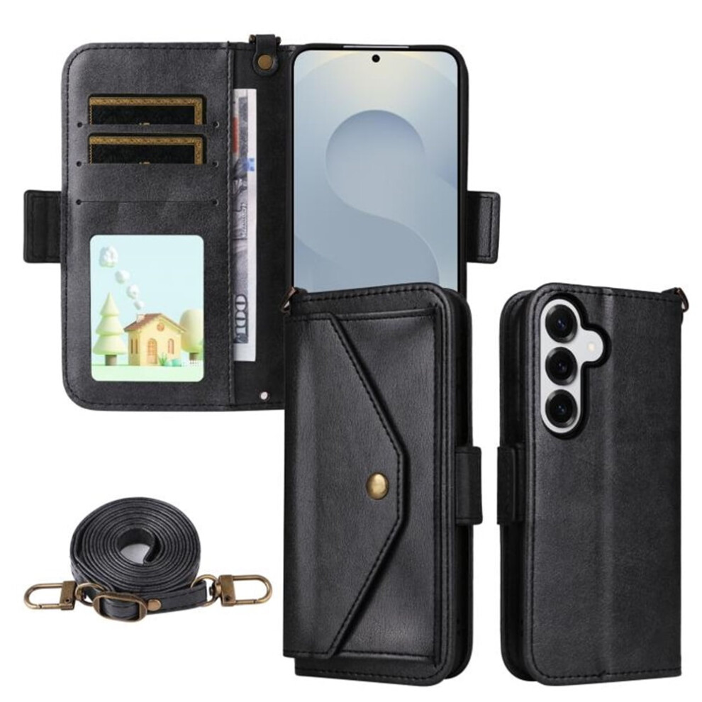 Vintage Leather Wallet Case For Samsung Galaxy S24 5G / S25 5GâShockproof, Multi-Card Slots, Hidden Button Pocket, Detachable Strap, Black 9418476665172
