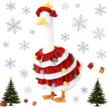 Kerstboomgans-outfit voor een 43-58 cm groot beeld op de veranda – Rood gelaagd kostuum met pompons, belletjes en gouden sterrenmuts –
