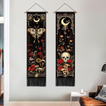 2pcs Witchy Gothic Wall Tapestries: Moth, Moon, Skull, Mushroom – Retro Floral Bedroom Decor, Alt Room Aesthetic (12.8x51.2")