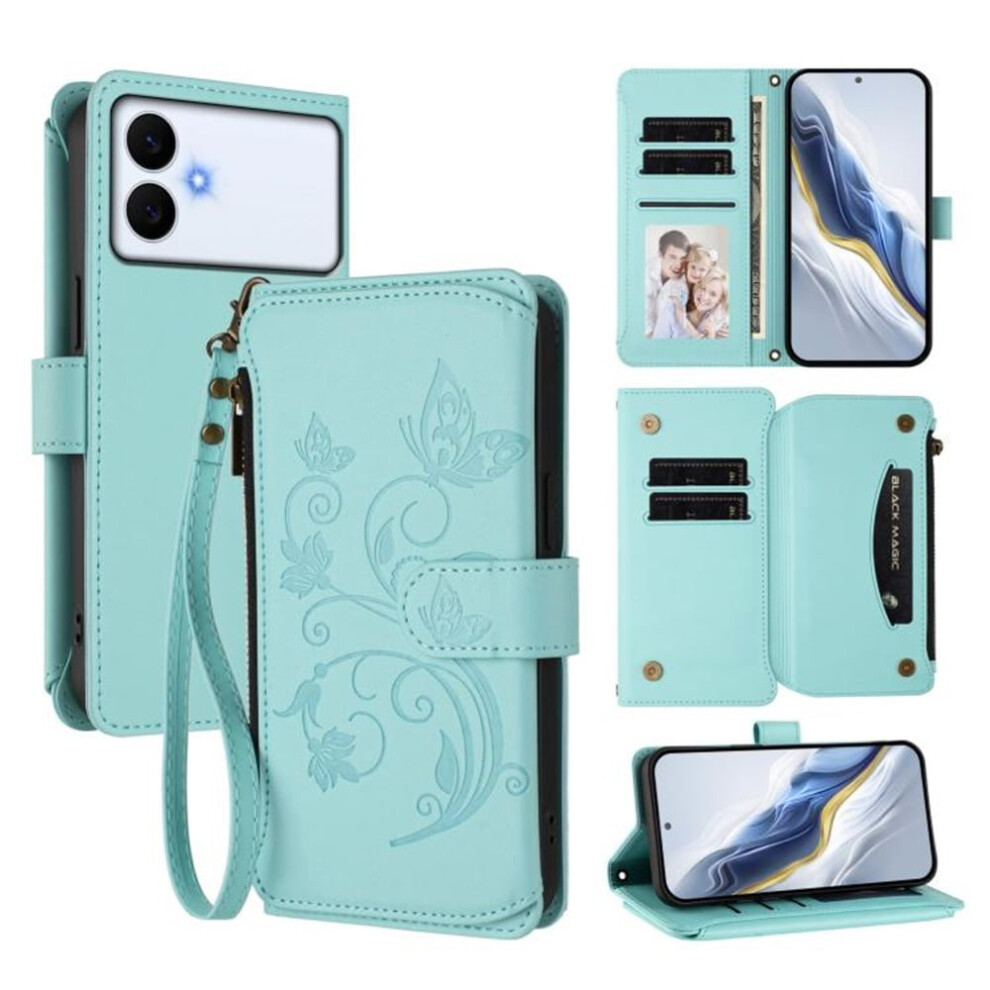 Magnetic Clasp Flip Stand Case For Compatible With Samsung Galaxy S26 Edge 5G Â Mint Lanyard, 5-Card Holder, Butterfly Flower Zipper Wallet Green 9152228501478