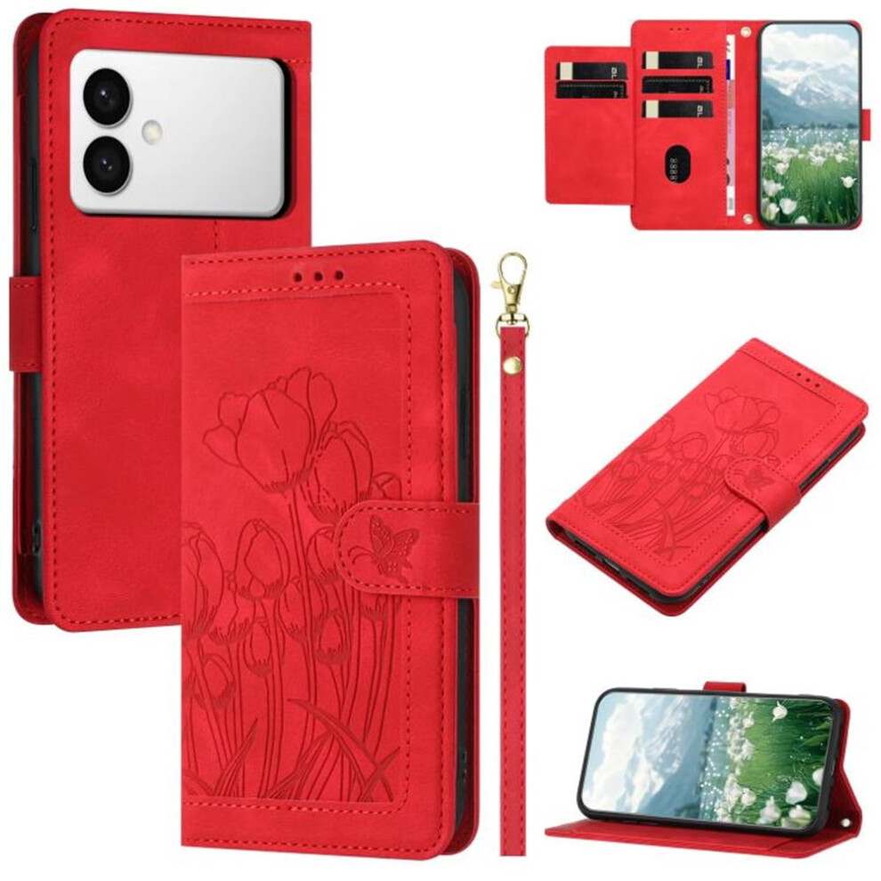 Tulip-Embossed Leather Flip Wallet Case For Samsung Red 9170372623976