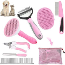 7PC Dog Grooming Kit: Shedding Brush, Dematting Comb, Nail Clipper, Flea Comb, Bath Brush—Pink
